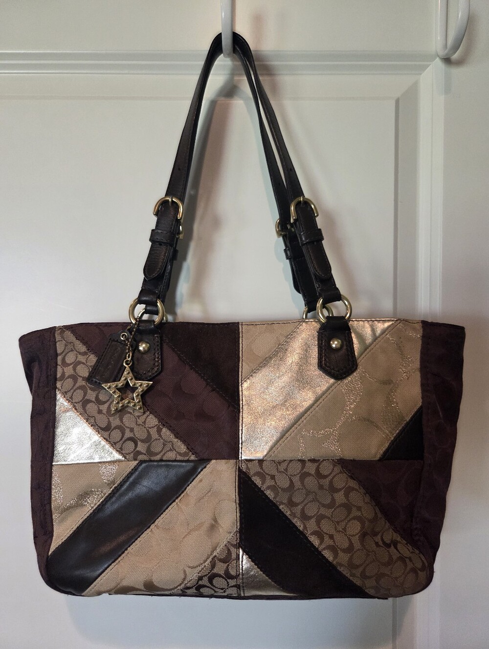 Coach Patchwork Tote in Brown and Metallic